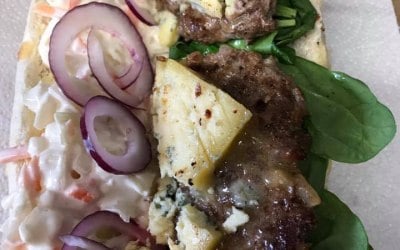 Stilton cheese and hand made burger baggett 
