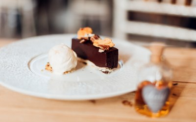 Dark Chocolate Tart with Toasted Pecans, Honeycomb & Hokey Pokey Ice Cream