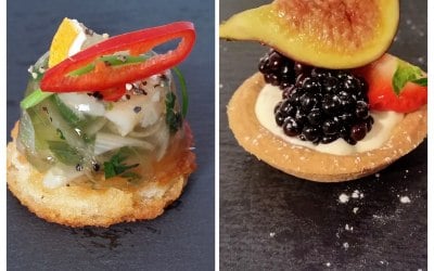Canapes, Saltfish terrain, Mini Fruit tartlet