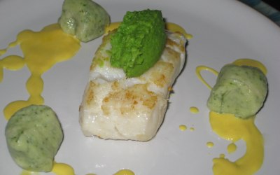 Cod,pea puree,herb,gnocchi,saffron sauce cream
