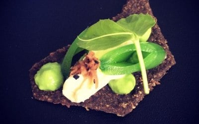 Our award winning Pea Puree, Black Truffle and Charcoal Cracker 