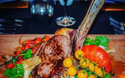 Presentation of Hereford Beef, tomahawk + Dorset Lonster