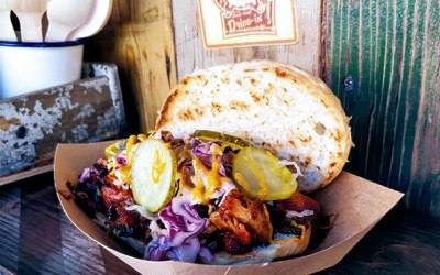 Cherry smoked, maple glazed belly pork with mustard coleslaw & pickles