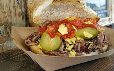Oak smoked beef chuck with nachos & salsa