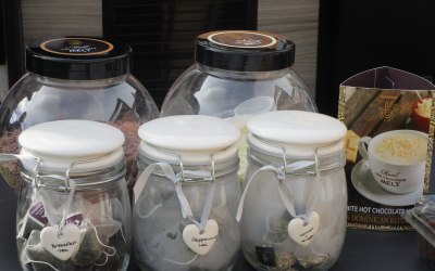 Our luxury Marimba Hot Chocolate flakes and a selection of Artisan Teas