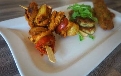 Chicken tikka skewers, aloo tikkis and lamb kebabs