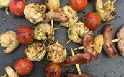 pesto prwan kebabs and trio of sausage canapes