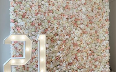 Light Up 21 Numbers with Blush Pink Flower Wall Backdrop