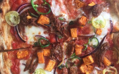 Agnello Piccante - 9-hour slow roasted Cornish lamb, Sweet Potato, Red Onion, Fresh Cornish Chillis, San Marzano Tomato sauce, Mozzarella, Basil