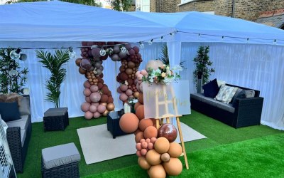 Balloon Arch ,Welcome Easel and Marquee balloon columns