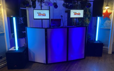 Main set up with screens . Zack FM roadshow 