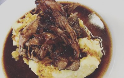 Braised lamb shoulder, balsamic lamb reduction 
