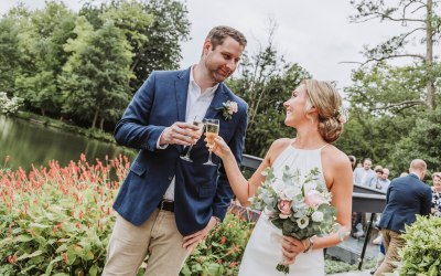 Bride and Groom toasting at St Michael's Manor, St Albans