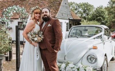 Bride and Groom with their wedding car at The Waterside Venue, Rickmansworth