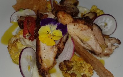 Applewood Smoked Chicken with Cauliflower, Radish and Chicken Skin Crisp