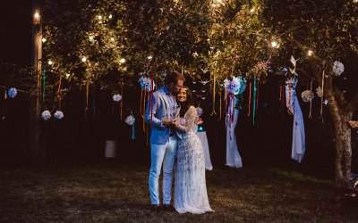 Back garden wedding with festooned lightening 