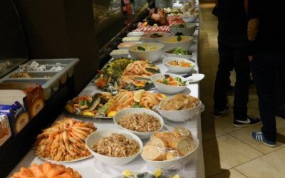A full spread including lobster and oysters on ice