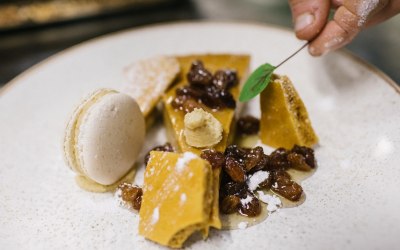 Salted caramel tart, honeycomb and rum soaked raisins.