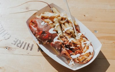 Paprika and lemon butter grilled lobster with truffle salted Parmesan fries