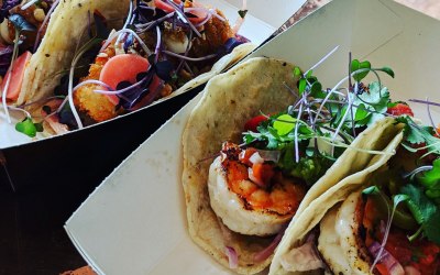 Pan Asian king prawn tacos with wasabi mayo and Asian slaw