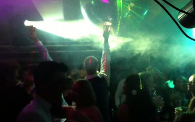 THE 2 METRE MIRROR BALL SUSPENDED ABOVE THE DANCEFLOOR - TOOK 3 OF US 10 HOURS TO SET UP THIS LIGHTING RIG - LAZERS, MARTIN MOVING HEADS, FULL RIG AND A 16K MARTIN AUDIO DIGITAL AUDIO SYSTEM! STUNNING NIGHT AND MORNING AS WE PLAYED THE FINAL SONG AT 5 AM TO A FULL DANCE FLOOR!!