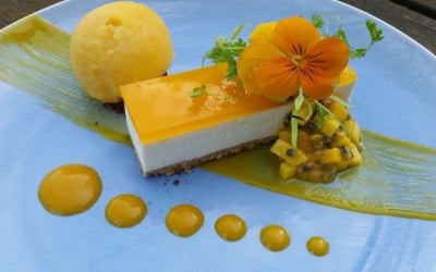 Mango cheesecake, mango passion fruit salsa