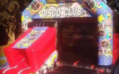 Disco Club Bouncy Castle with slide Hire.  https://www.splashinflatables.com/category/bouncy-castles/521/disco-club-bouncy-castle#BodyContent 