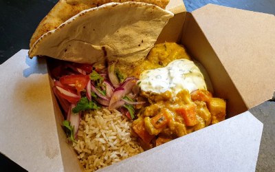 Tarka dal, veggie korma, raita and lime, tomato, onion and coriander pickle