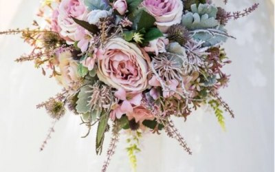 Everlasting dusky pink bridal bouquet with fabulous foliage.