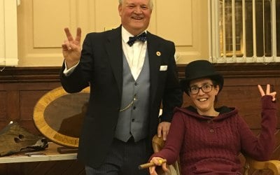 Guest enjoys Winston Churchill's special chair 