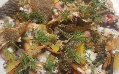 Whisky poached salmon, beetroot and carrot, crispy skin, smoked salmon foam