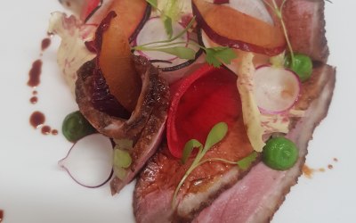 Smoked duck breast, duck gyoza, radishes