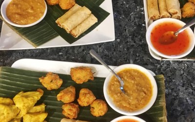Chicken satay, fish cake and veg spring roll canapés
