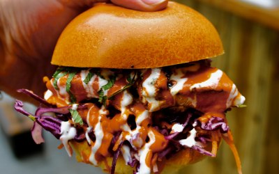 Harissa chicken with buffalo sauce, lemon yoghurt and mint.