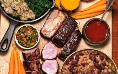 Pork Nose to Tail Platter | 12 hours smoked Pork Belly + Grilled Pork Fillet + Braised & Smoked Pork Cheeks + "Baiao de Dois" (Rice and Beans) + Guacamole + Sweet Potato + Salsa Criolla Vinaigrette + Collard Greens + Manioc Farofa + Baby Root Vegetables