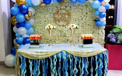 Ivory Flowerwall with custom Dessert Table