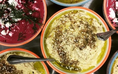 Beetroot borani, hummus & dukkah