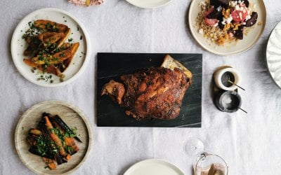 Harissa roast lamb.  Beets, barley, Feta, walnuts, orange & honey dressing. Roasted pink firs, gremolata. 