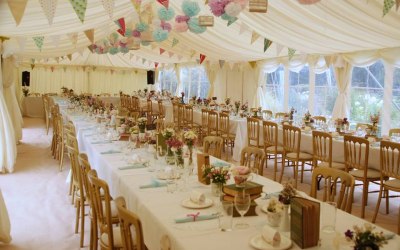 Vintage afternoon tea on trestle tables 