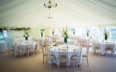 Chandeliers adding depth to the high ceilings