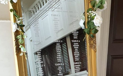 Gold mirror table plan, easel and faux flower decor 