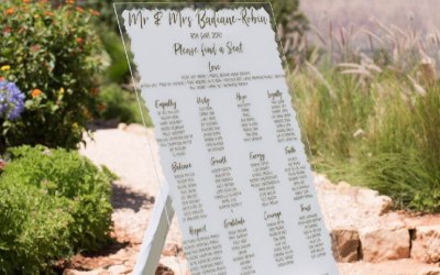 Painted acrylic table plan for Fleur East's wedding in Morroco