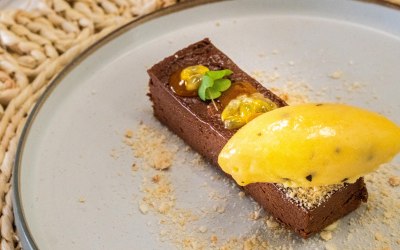Chocolate and peanut butter set parfait, passionfruit
