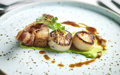 Pan Fried Scallops, Pressed Pork Belly & Pea Puree