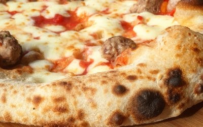 The wood fired pizza company homemade beef meatball pizza