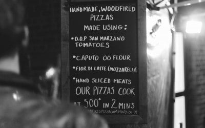 The wood fired pizza company menu board