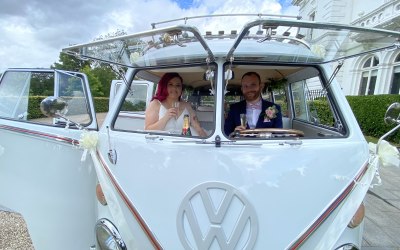 Splitscreen naturally frames the newly married couple 