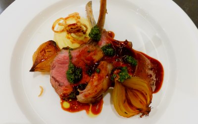 Roasted rack of lamb, served with mash potatoes, confit baby onion, Italian Gremolata and lamb jus