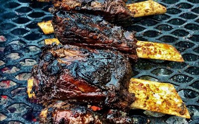 Beef ribs with an apple and star anise glaze.