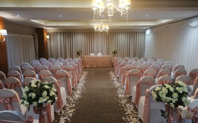 Horsley Lodge, chair covers, blush satin sashes, sequin table cloth